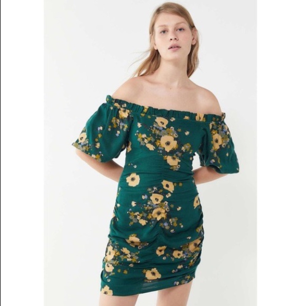 Urban Outfitters Ruched Off-The Shoulder Mini Dress in Green Floral